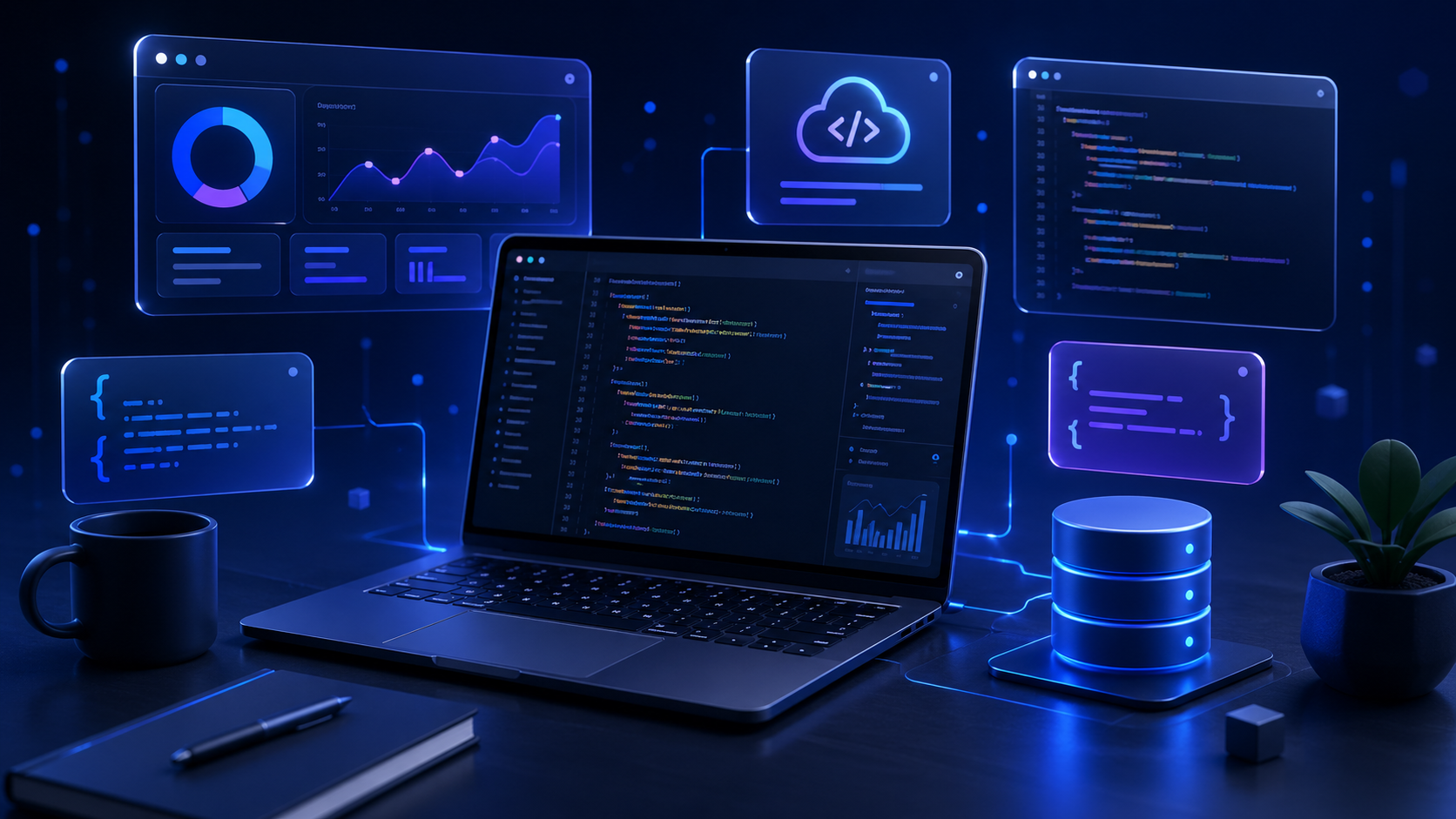 Темная developer-панель с кодом, API и dashboard-интерфейсами