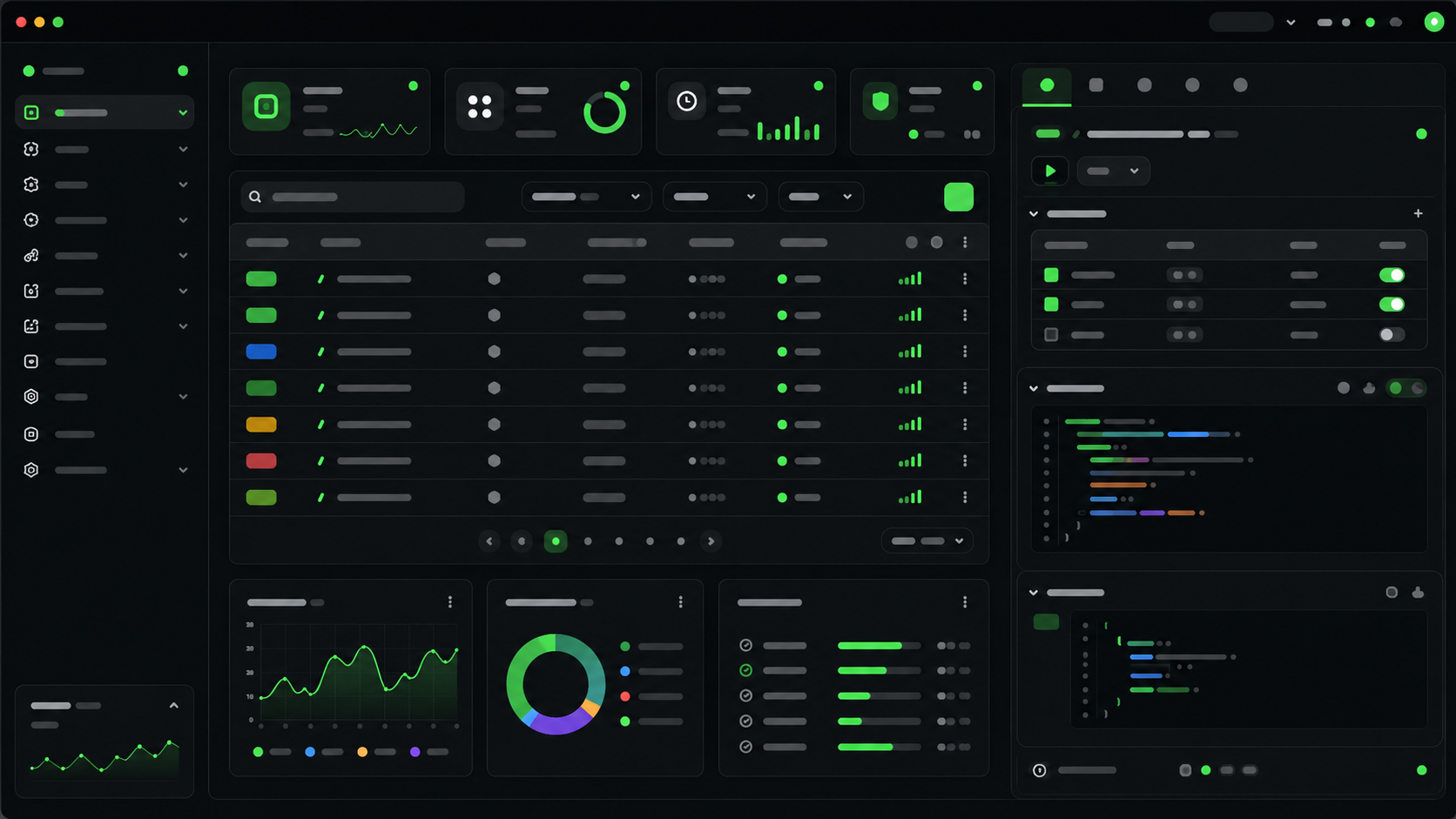 Темный API dashboard с таблицами и статусами